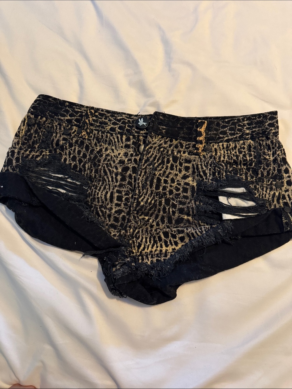 One Teaspoon Black & Tan Animal Print Distressed Jean Shorts